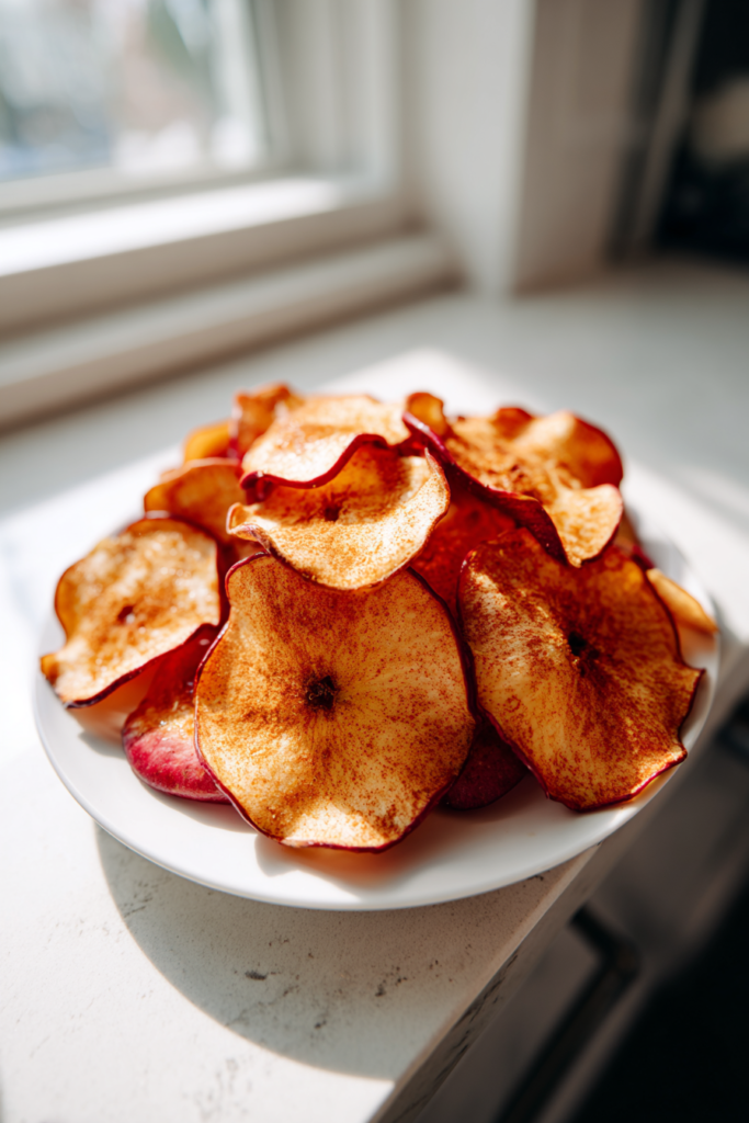 air fryer cinnamon apple chips with maple drizzle