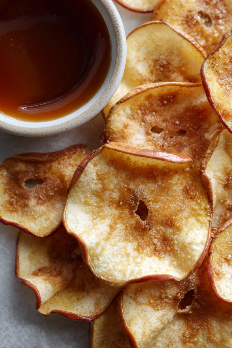air fryer cinnamon sugar apple chips with caramel dip