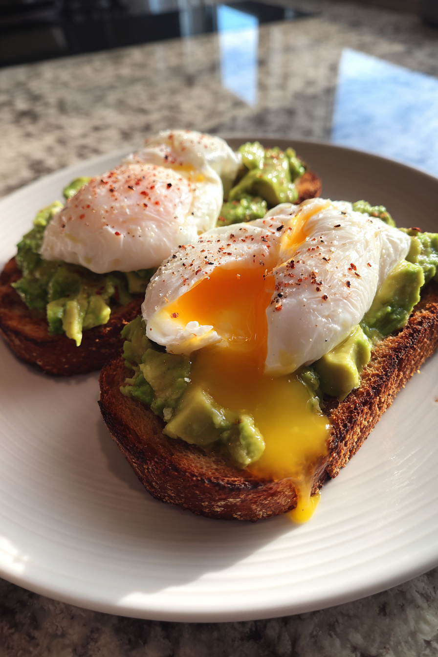 coffee shop style avocado toast with poached eggs
