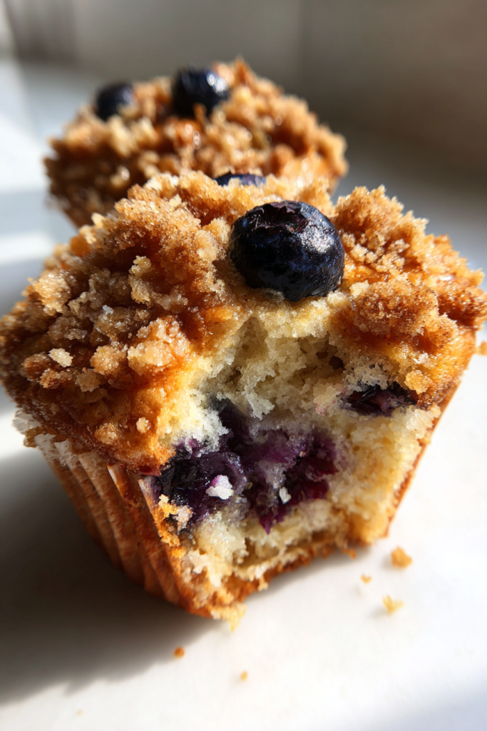 coffee shop style blueberry muffins with crumb topping