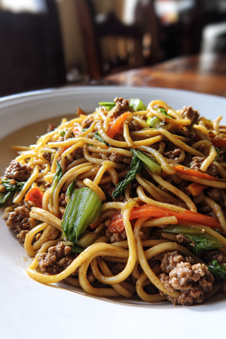 food court style sesame ground beef lo mein noodles