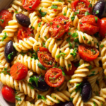 gluten free pasta salad with olives and tomatoes