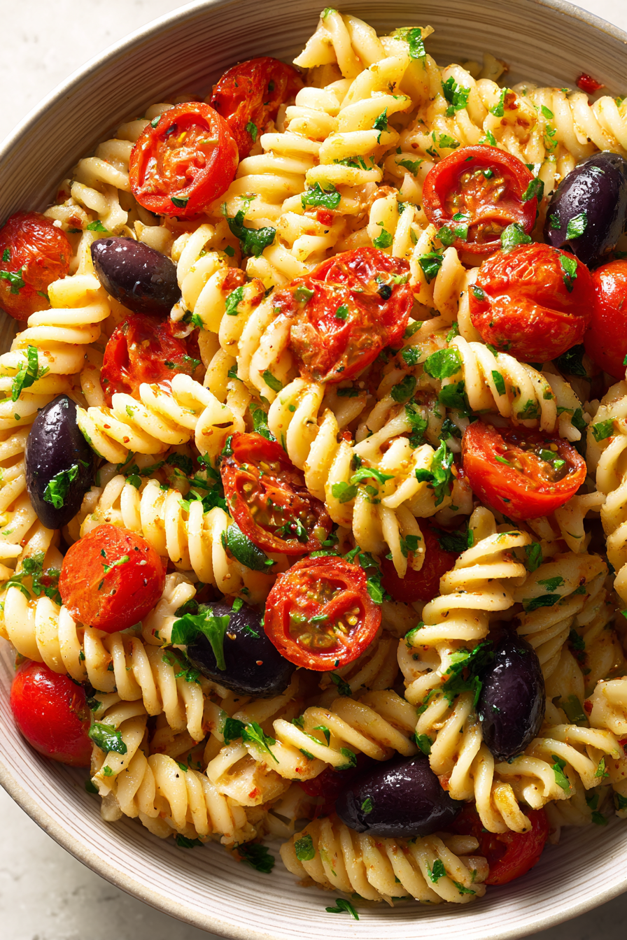 gluten free pasta salad with olives and tomatoes