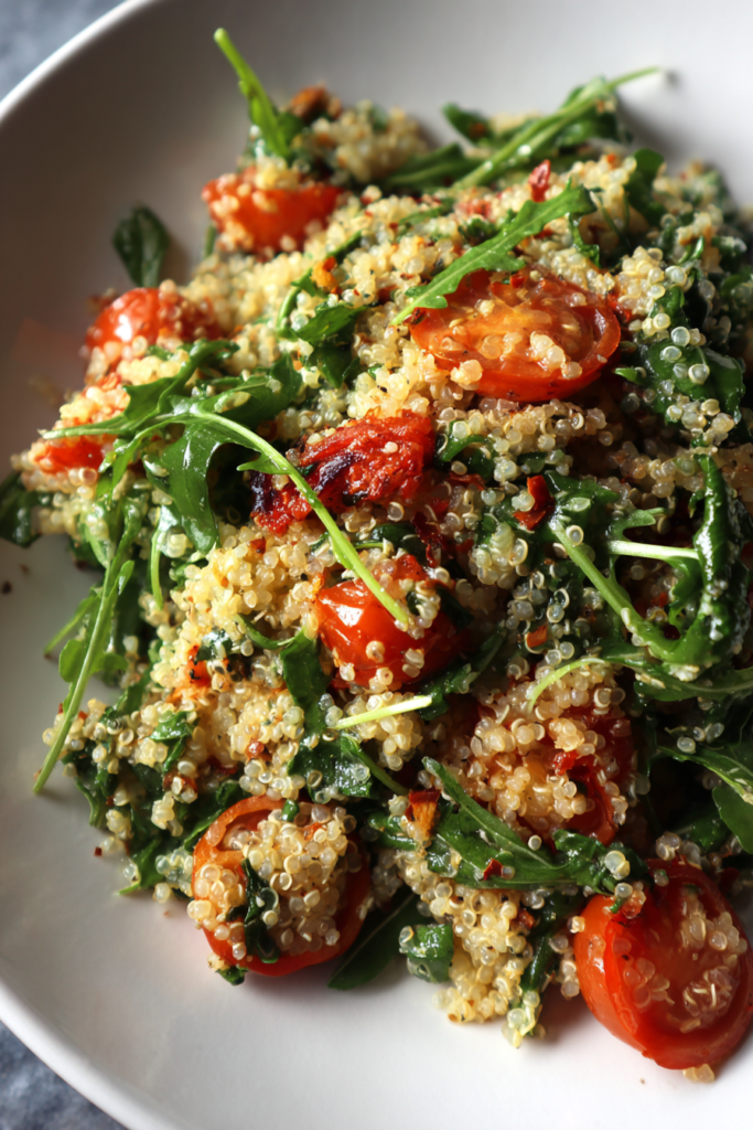 gluten free quinoa arugula salad with lemon vinaigrette