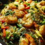 gluten free shrimp rice noodle stir fry with ginger