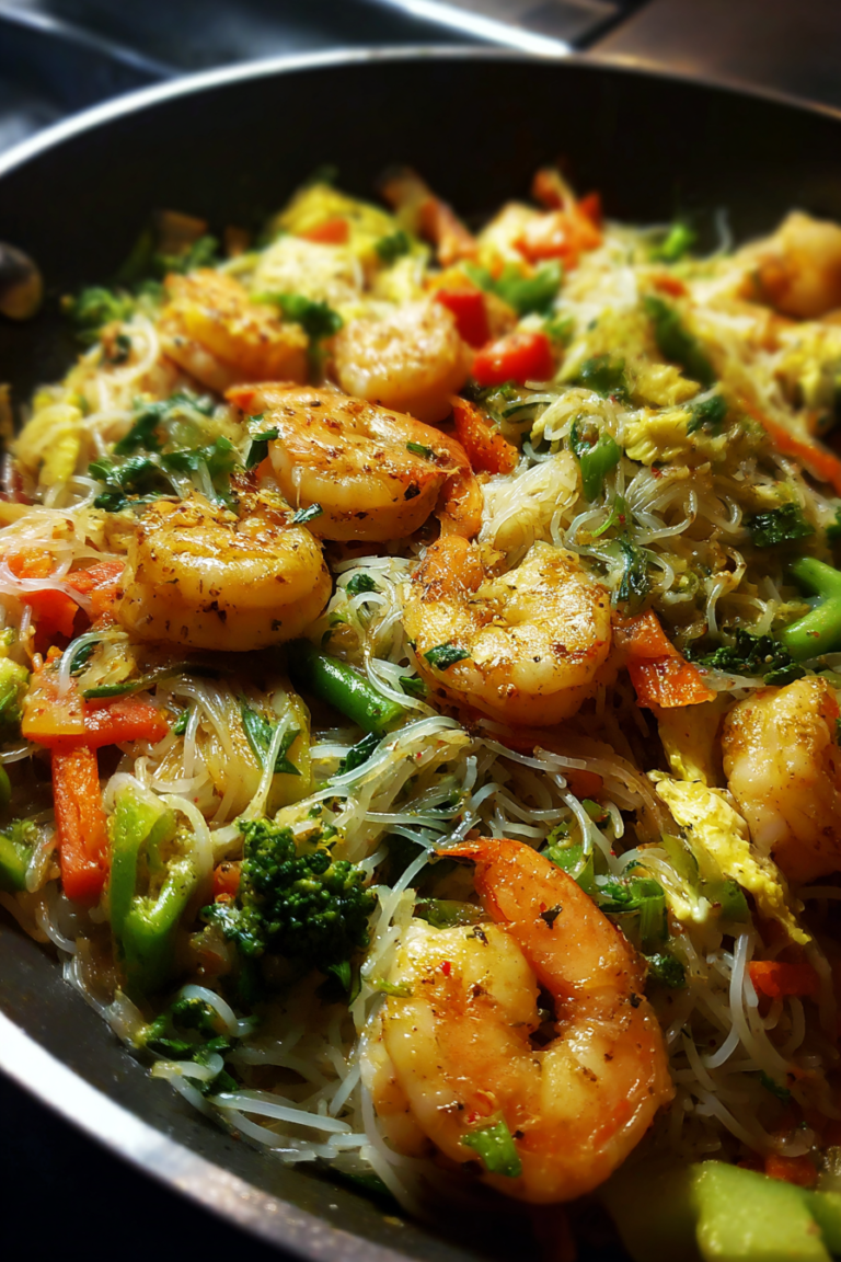 gluten free shrimp rice noodle stir fry with ginger