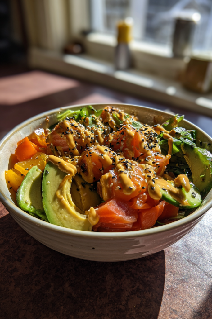healthy keto salmon avocado bowls with sesame sauce