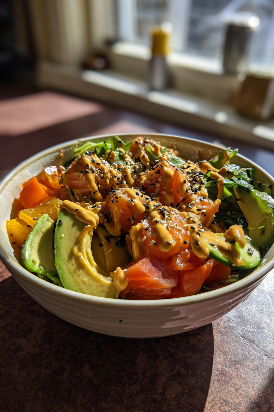 healthy keto salmon avocado bowls with sesame sauce