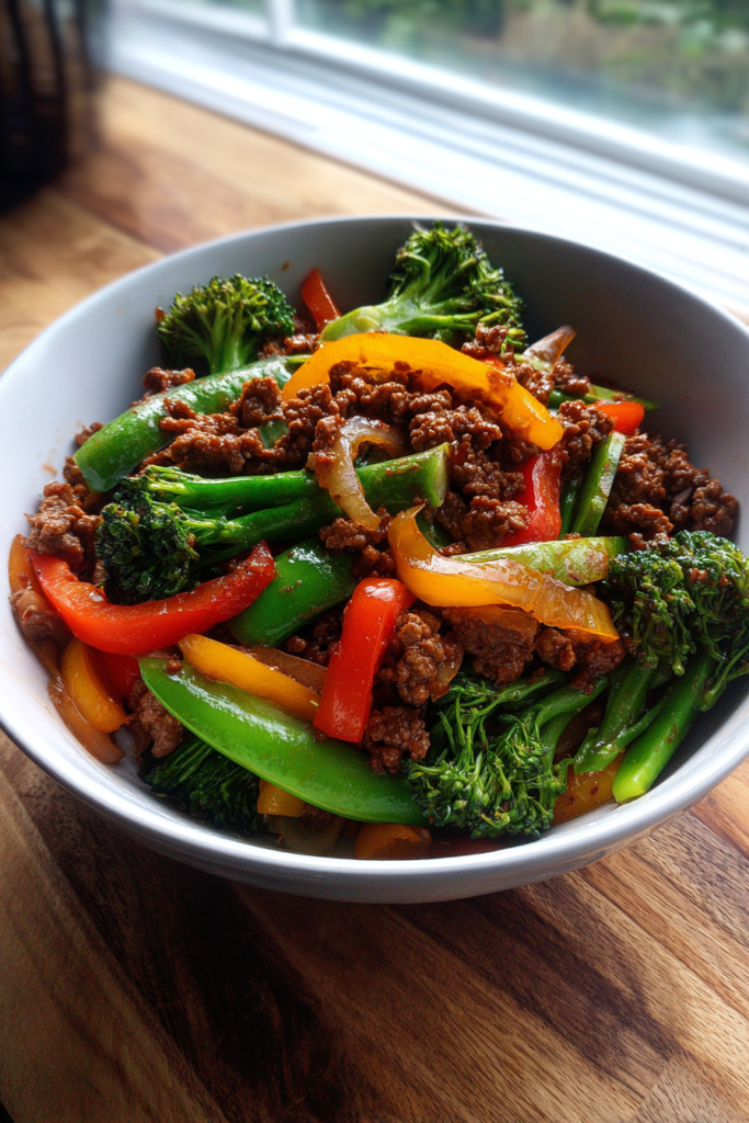 healthy meal prep ground beef and vegetable stir fry