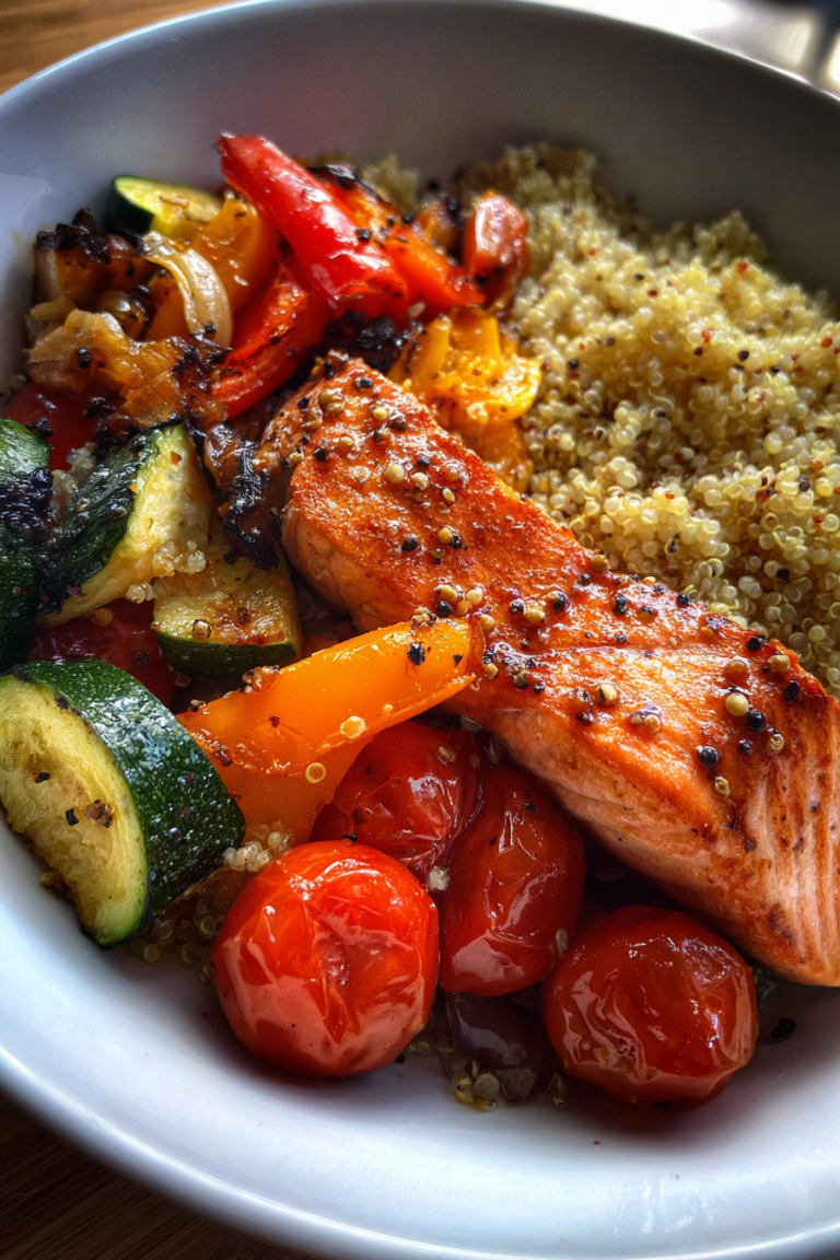 healthy one pot salmon quinoa bowls with roasted vegetables