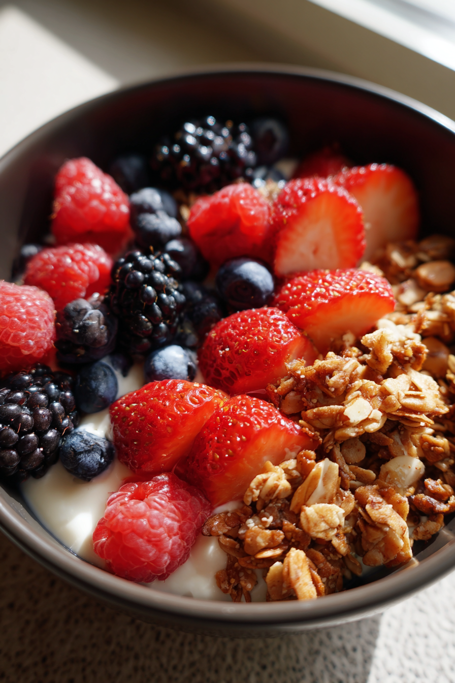 high protein greek yogurt berry granola bowl
