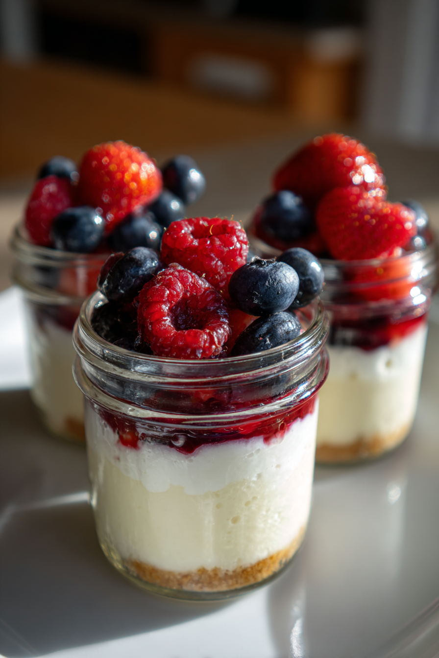 high protein greek yogurt cheesecake jars with berries vanilla