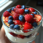 high protein greek yogurt parfait with berries and chia
