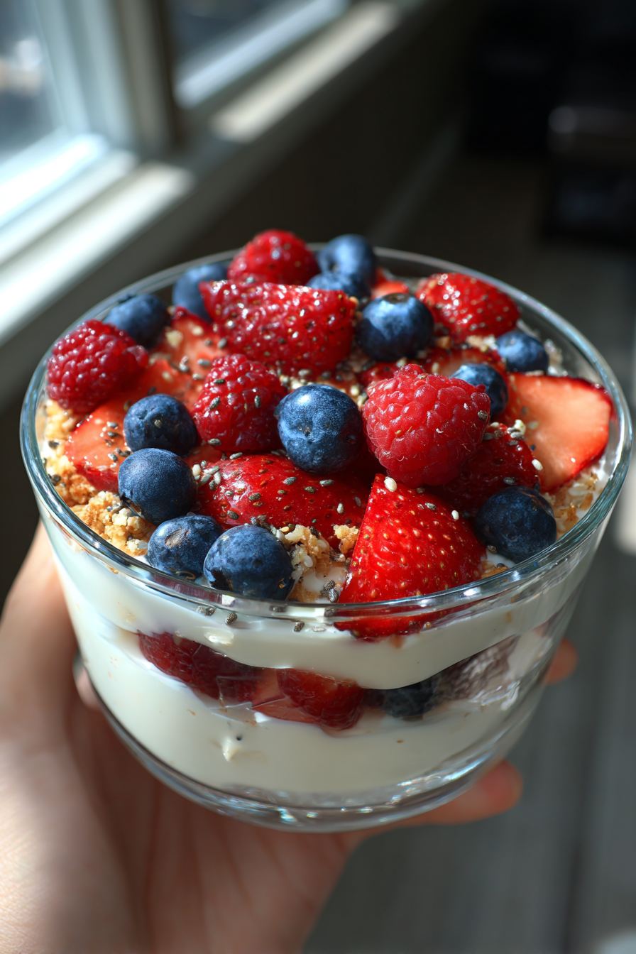high protein greek yogurt parfait with berries and chia