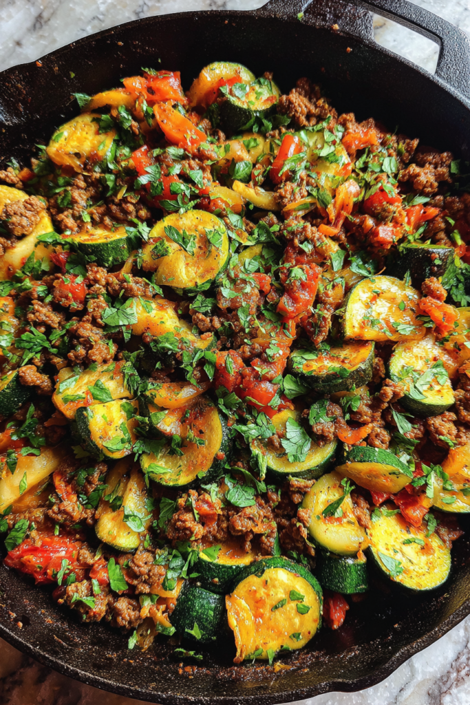 high protein ground beef zucchini skillet with herbs