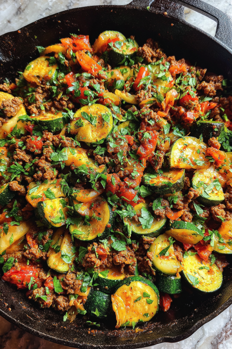 high protein ground beef zucchini skillet with herbs