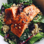 high protein salmon salad with quinoa and greens