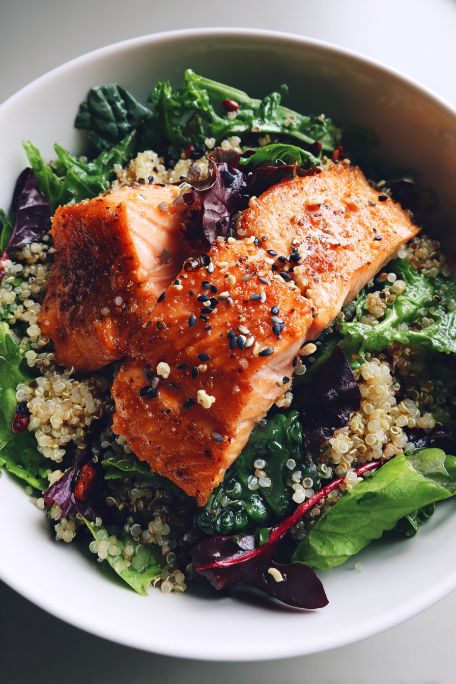 high protein salmon salad with quinoa and greens
