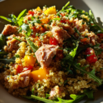 high protein tuna quinoa lemon herb bowls arugula