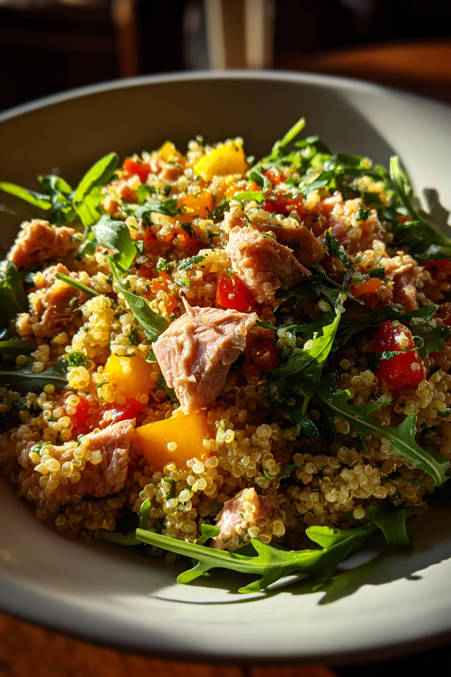 high protein tuna quinoa lemon herb bowls arugula