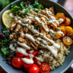 high protein turkey quinoa lunch bowls with lemon tahini