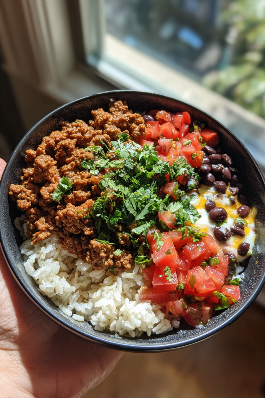 meal prep ground beef burrito bowls with cilantro lime