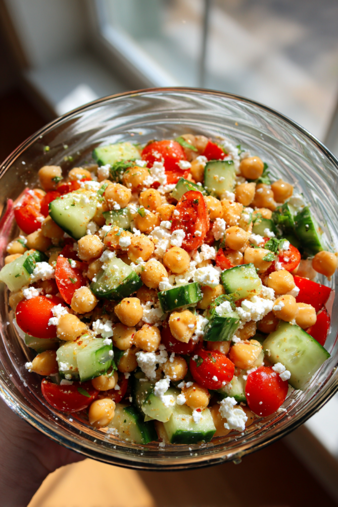 meal prep mediterranean chickpea cucumber tomato feta salad