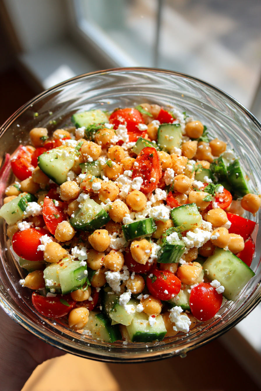 meal prep mediterranean chickpea cucumber tomato feta salad