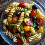 meal prep pasta salad with olives tomatoes basil