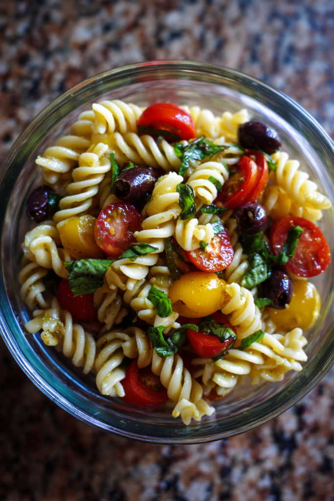 meal prep pasta salad with olives tomatoes basil