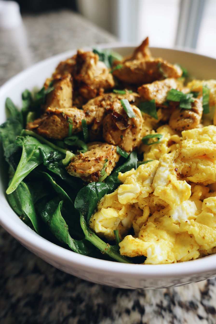meal prep turkey and egg breakfast bowls with spinach