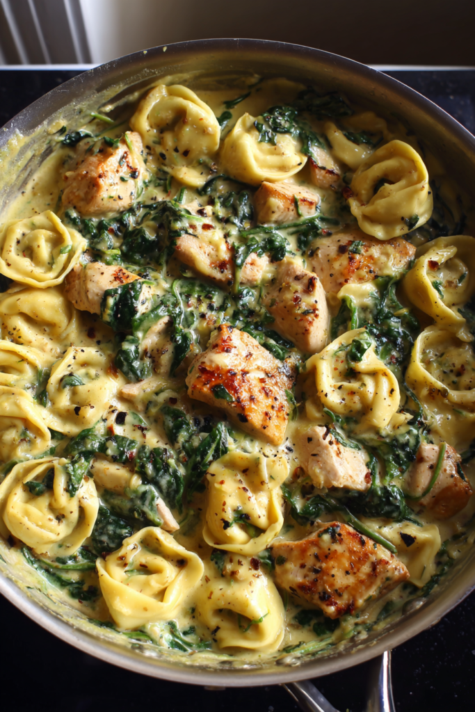 one pot creamy chicken tortellini with spinach garlic