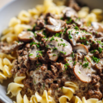 one pot ground beef stroganoff with mushrooms cream