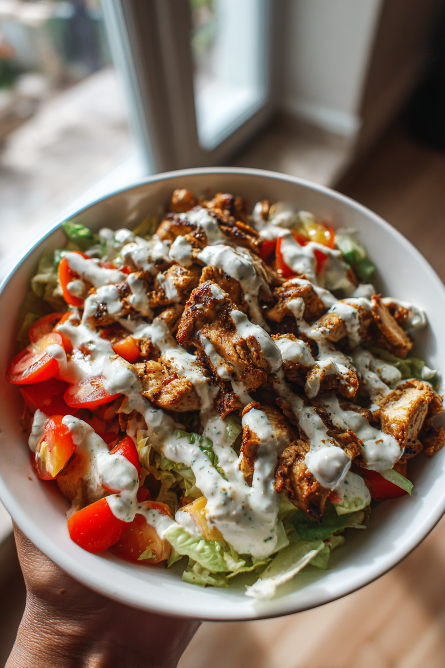 ramadan air fryer chicken shawarma bowls with garlic sauce