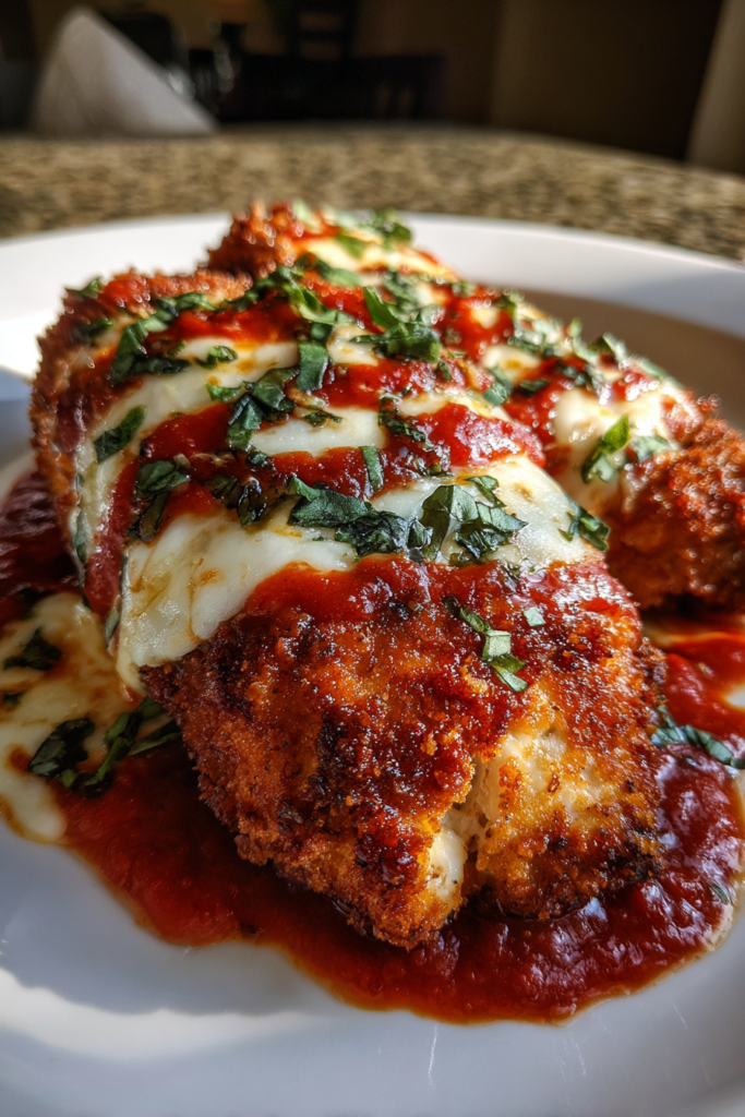 restaurant style chicken parmesan with crispy coating cheese