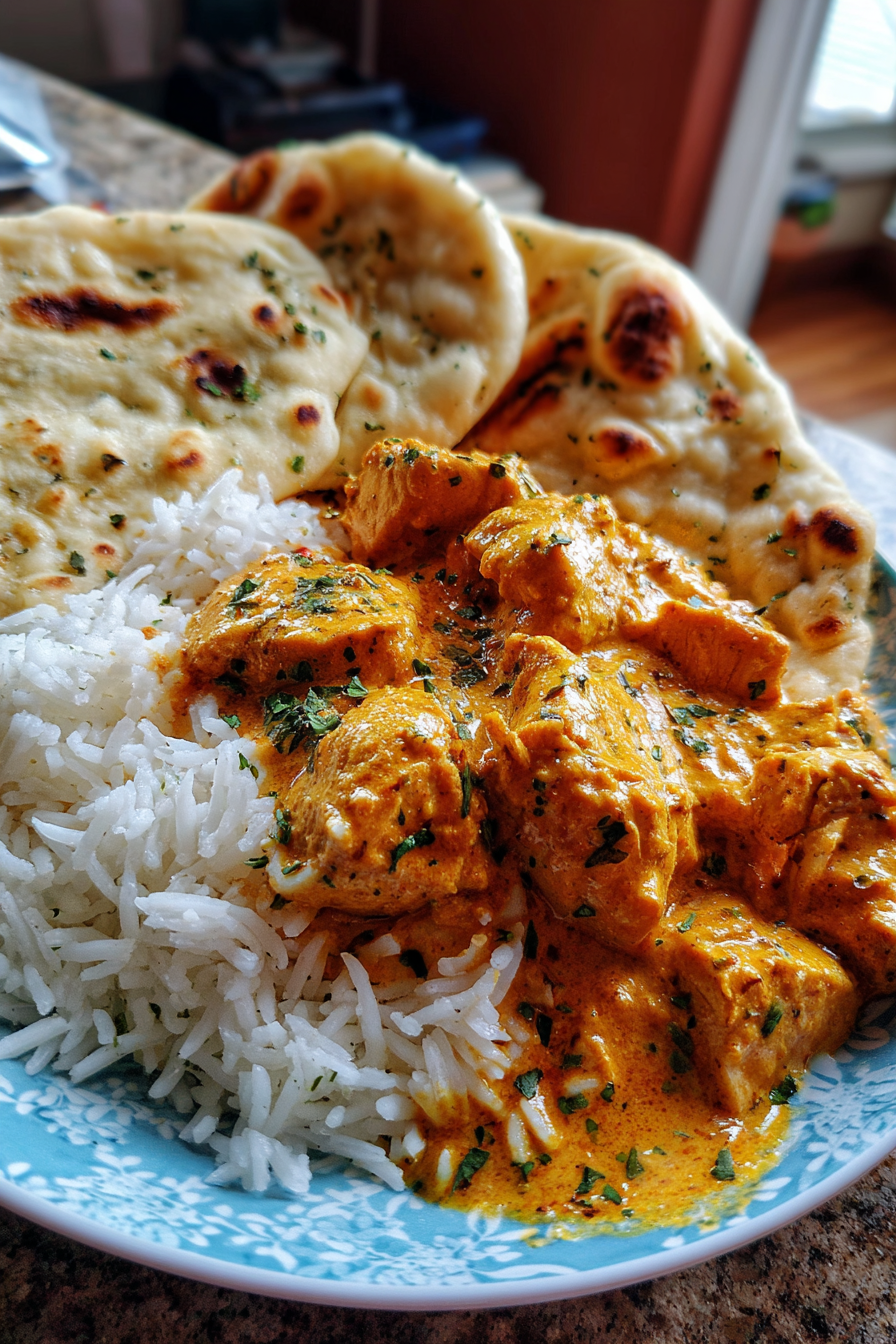 restaurant style chicken tikka masala with basmati rice naan