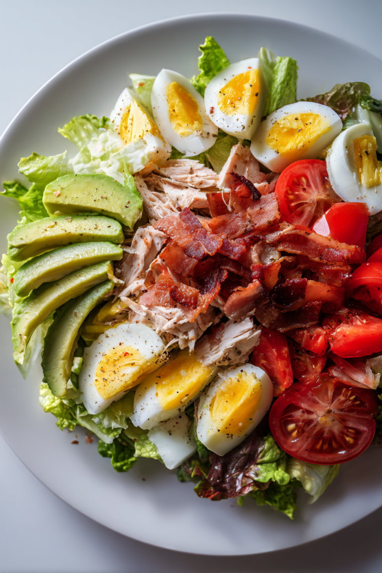restaurant style cobb salad with turkey bacon avocado