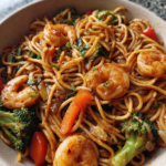 restaurant style shrimp lo mein with vegetables sauce