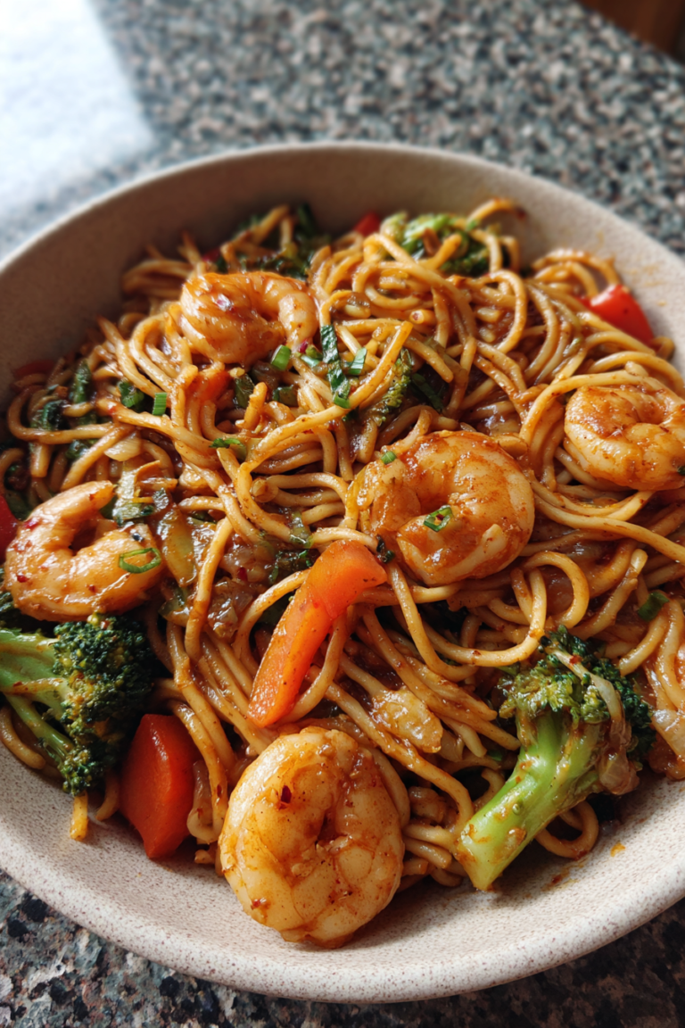 restaurant style shrimp lo mein with vegetables sauce