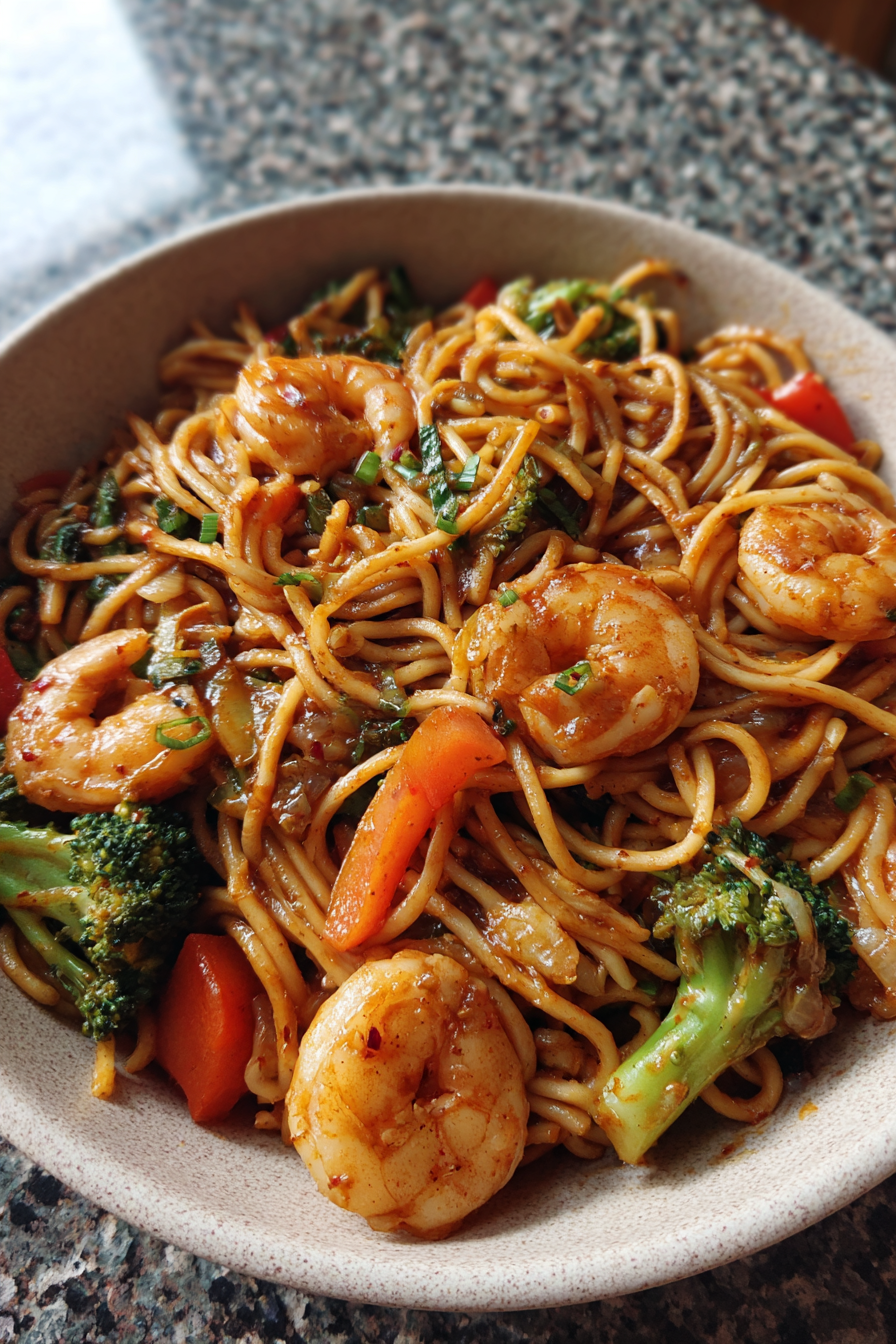 restaurant style shrimp lo mein with vegetables sauce