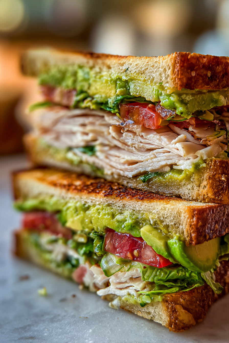 restaurant style turkey avocado club sandwich on toasted sourdough