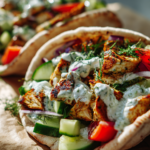 sheet pan chicken shawarma pita with cucumber yogurt sauce