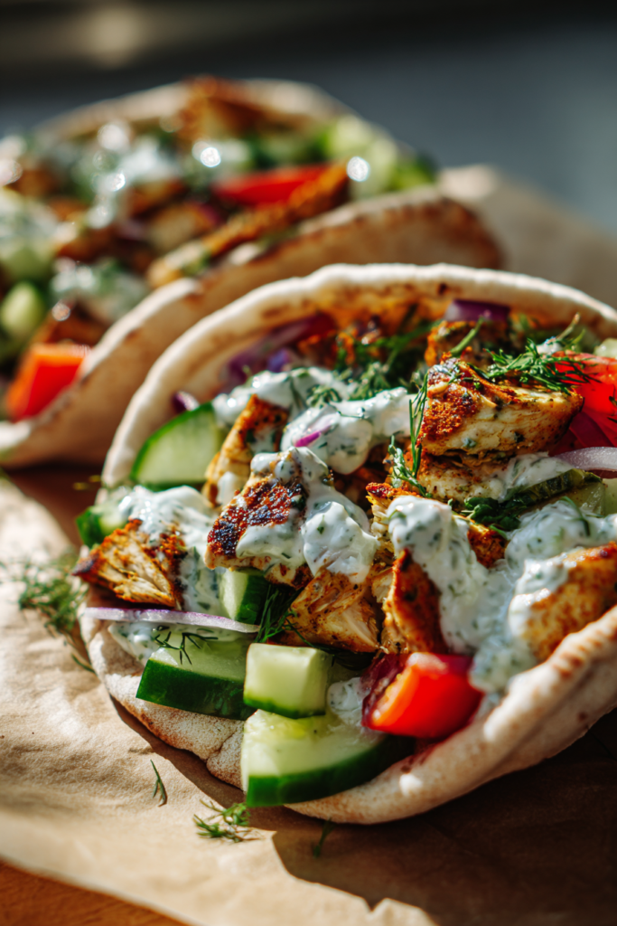 sheet pan chicken shawarma pita with cucumber yogurt sauce