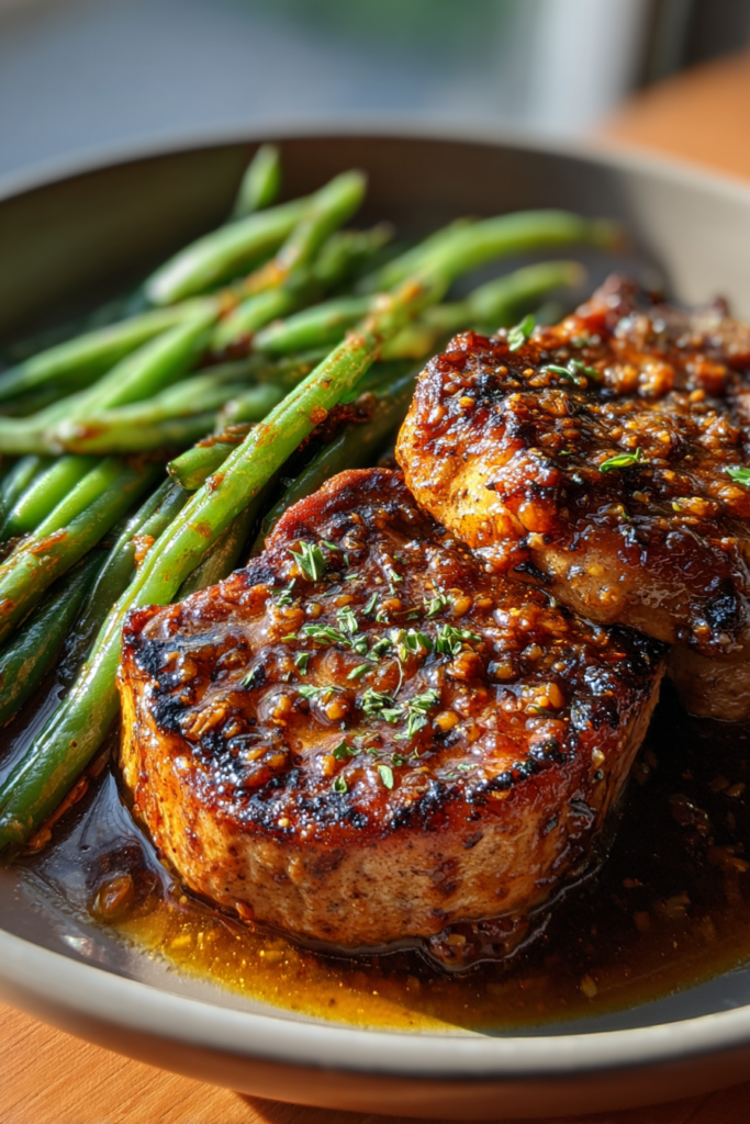 sheet pan maple dijon pork chops with green beans