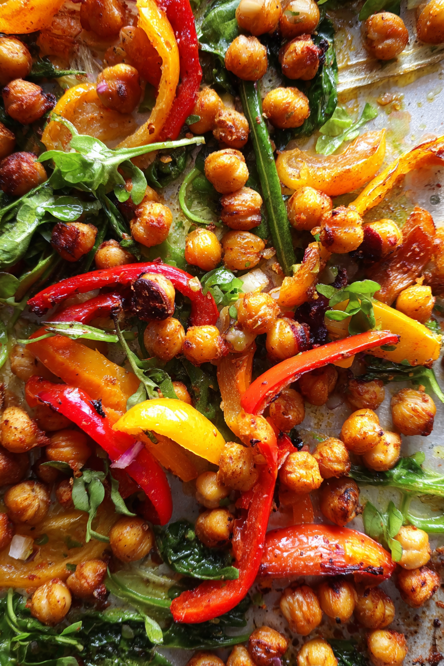 sheet pan roasted chickpea salad with lemon vinaigrette