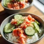 sheet pan salmon rice bowls with sesame and cucumber