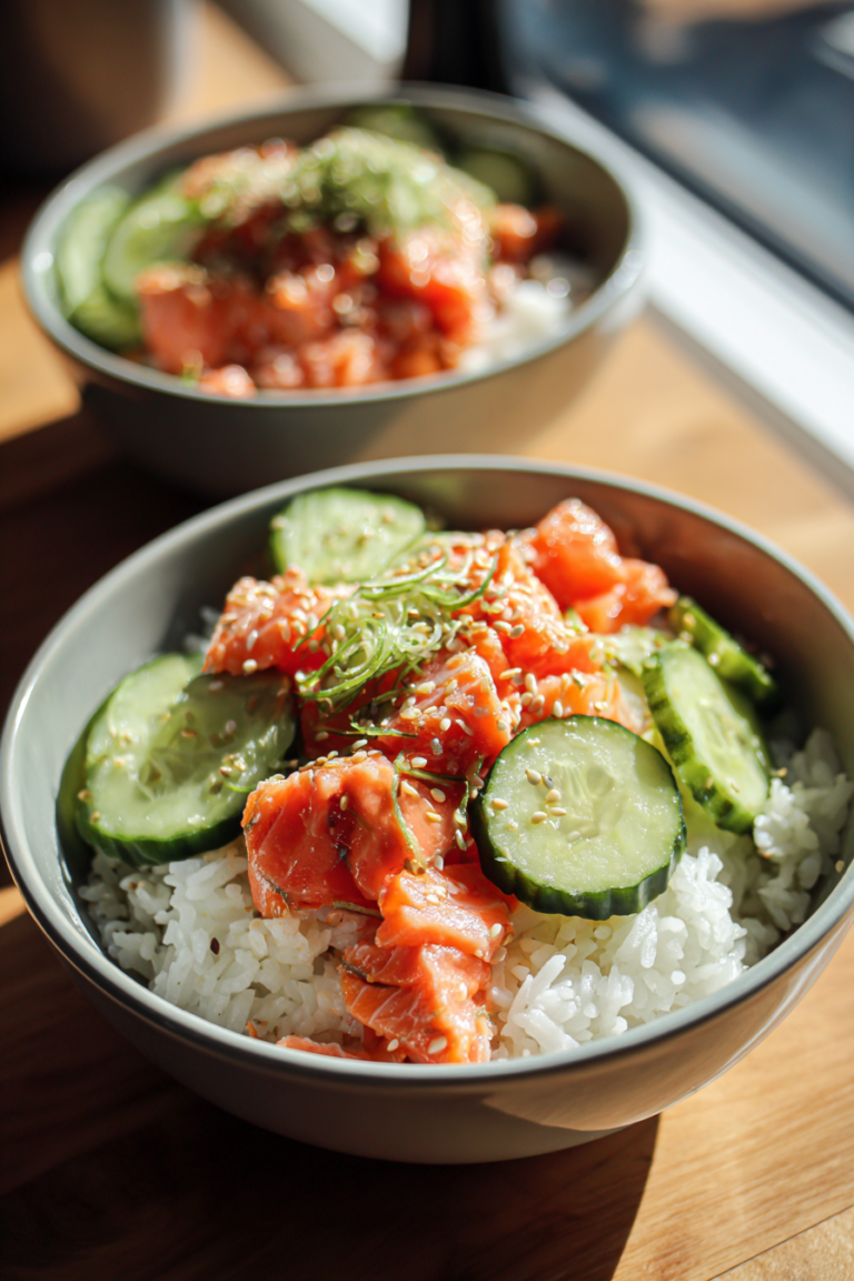 sheet pan salmon rice bowls with sesame and cucumber