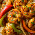 sheet pan shrimp fajitas with onions and peppers