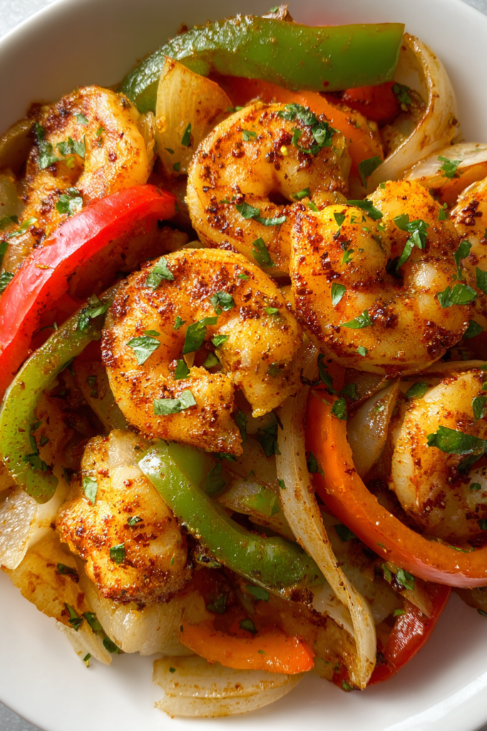 sheet pan shrimp fajitas with onions and peppers