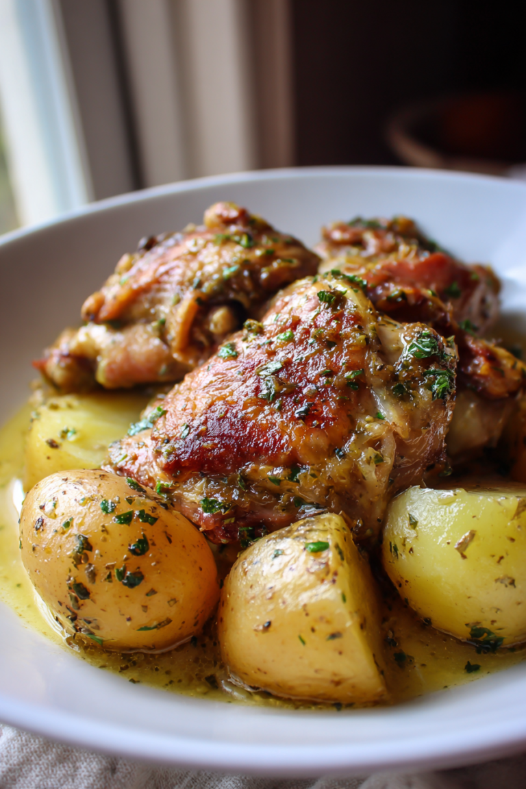 slow cooker garlic butter chicken thighs with potatoes